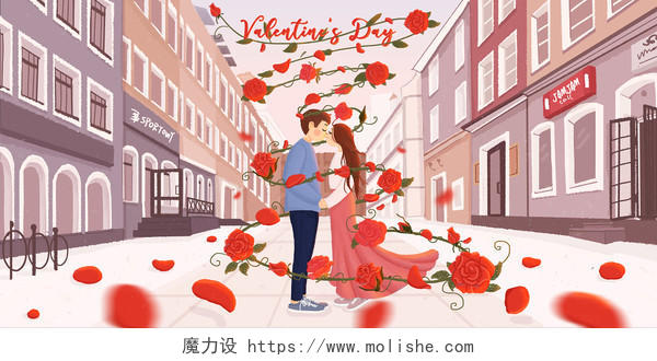 白色情人节情人节插画浪漫玫瑰和情侣情人节背景海报素材